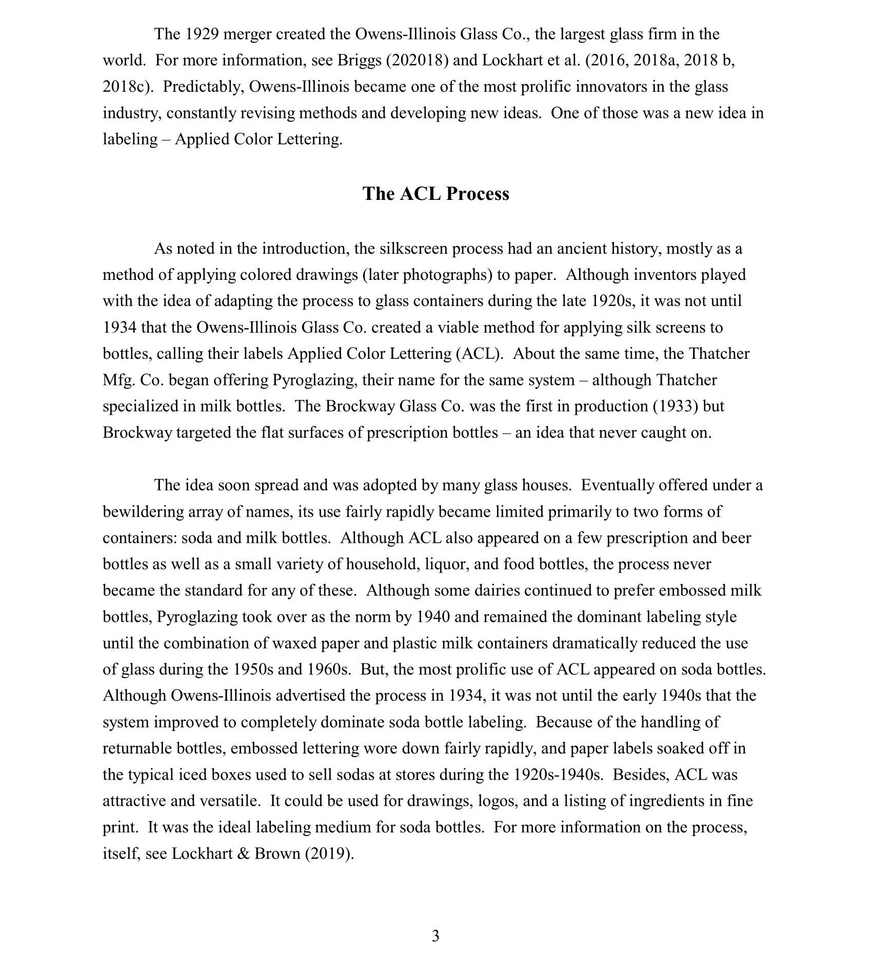 Page from a text discussing the history of glass bottle and soda bottle labeling, including details about Owens-Illinois Glass Company, ACL, and related manufacturing innovations.