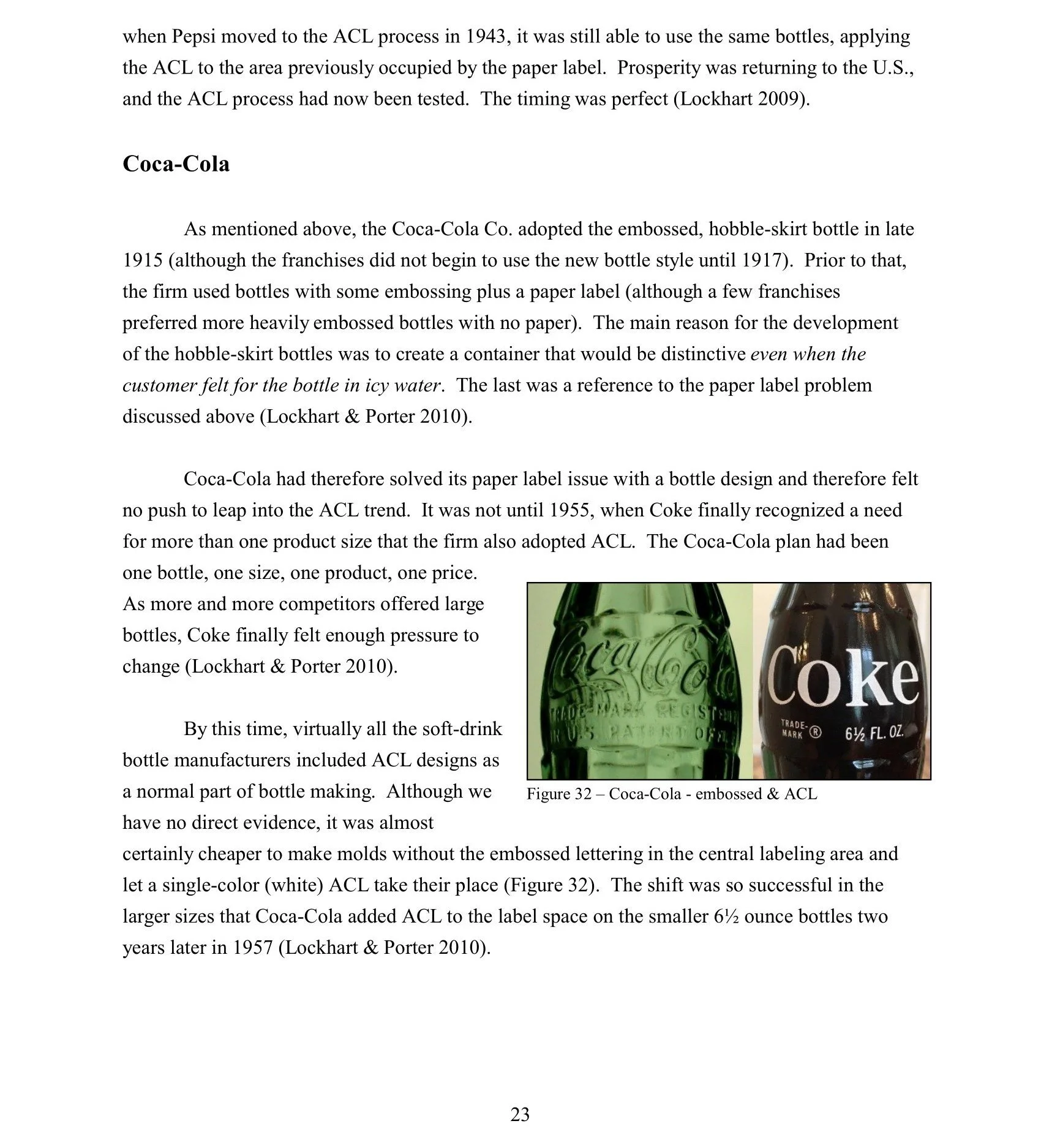 Photograph of two Coca-Cola bottles, one green and embossed with the classic Coca-Cola logo, and the other black with a white Coca-Cola logo and the text '6 1/2 FL. OZ.'