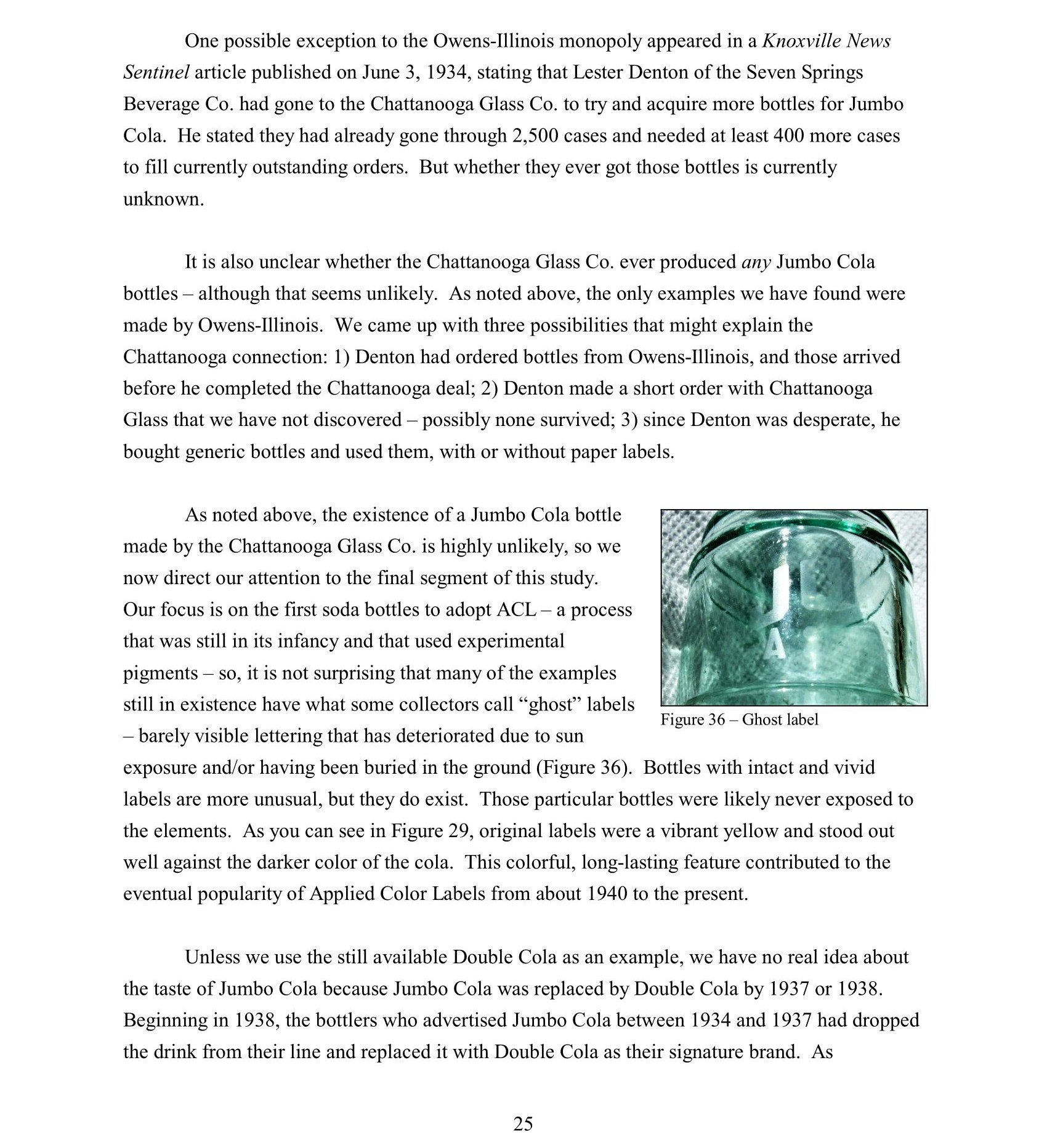 A page of a book or article discussing the history of Jumbo Cola bottles, including a small photograph of a glass bottle with a ghost label. The text mentions Owens-Illinois and Chattanooga Glass Co., and the evolution of cola bottle labels from 1940