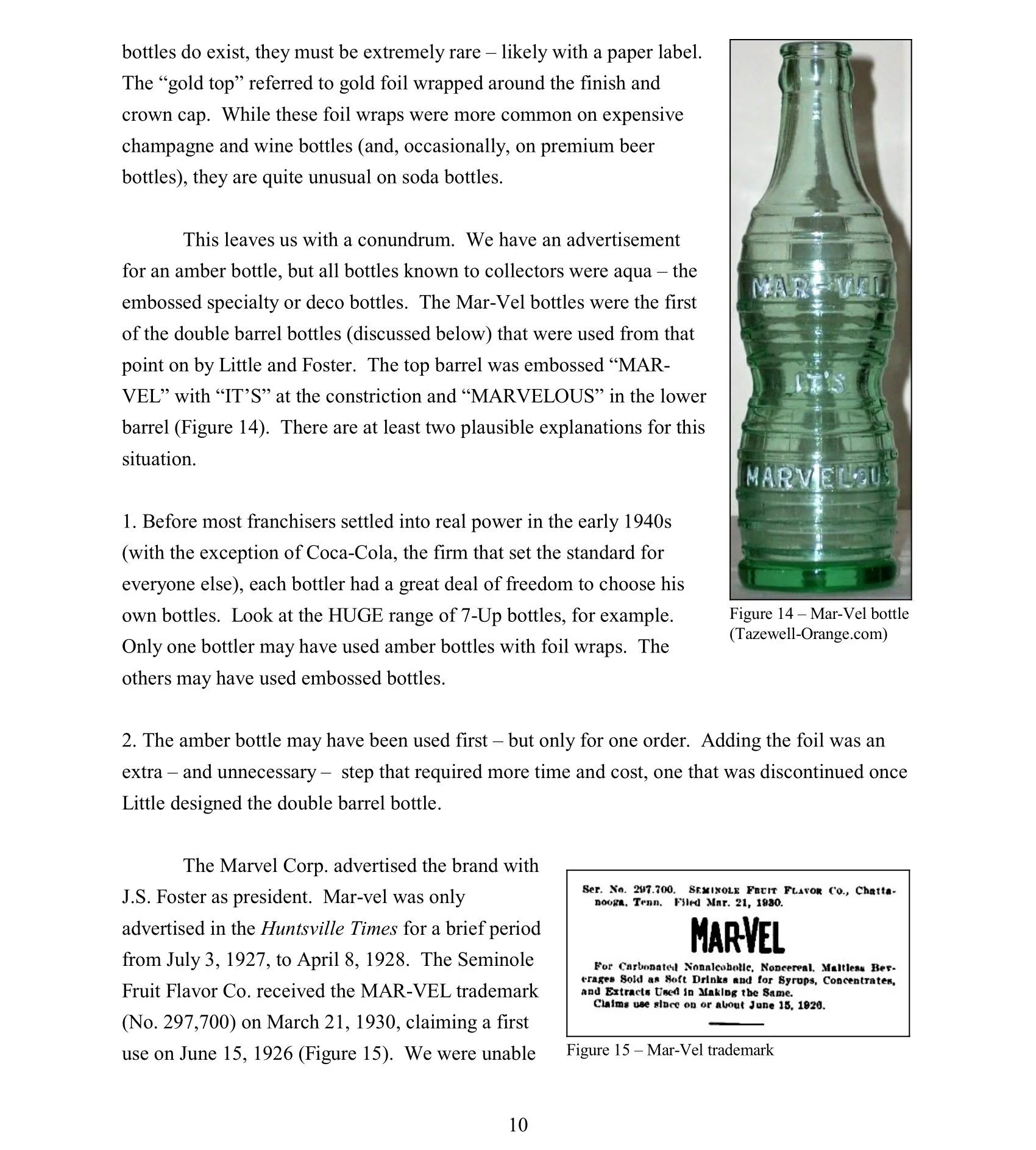 A green glass bottle, labeled 'Mar-Vel,' with a ribbed design, standing upright on a flat surface. The label indicates it is a trademark of Mar-Vel for a nonalcoholic beverage.