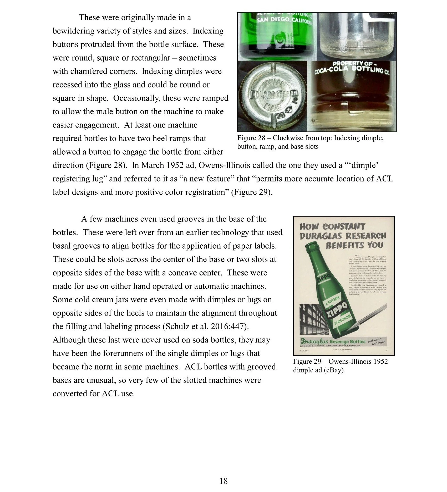 A collage of four images showing vintage Coca-Cola bottles with different types of indexing buttons, rims, ramps, and base slots, used for bottle engagement in automatic machinery. The images are arranged in a grid with captions describing the featur