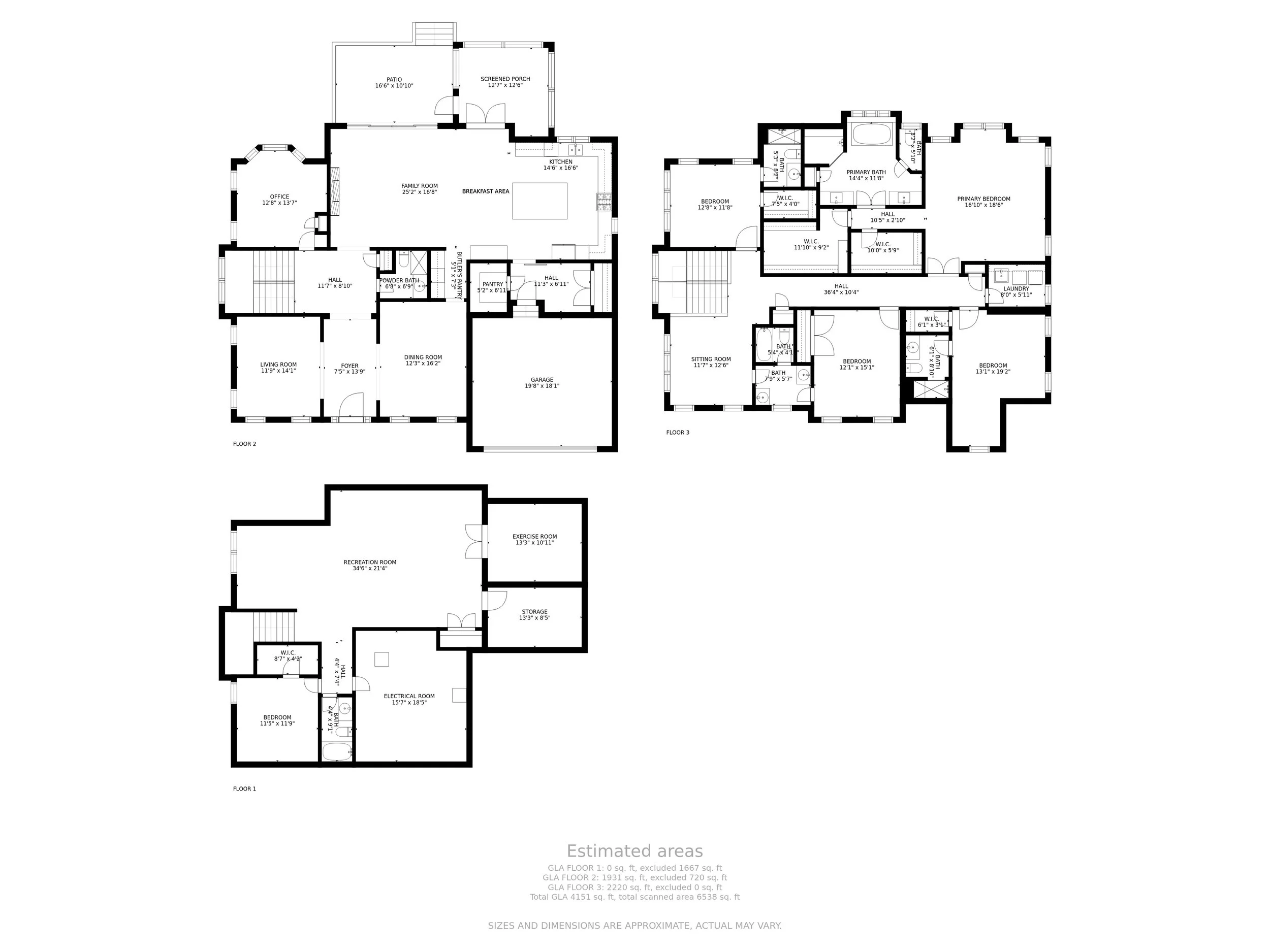 Floor plan of a multi-story house showing various rooms, including bedrooms, bathrooms, kitchen, living areas, offices, storage, and recreational rooms.