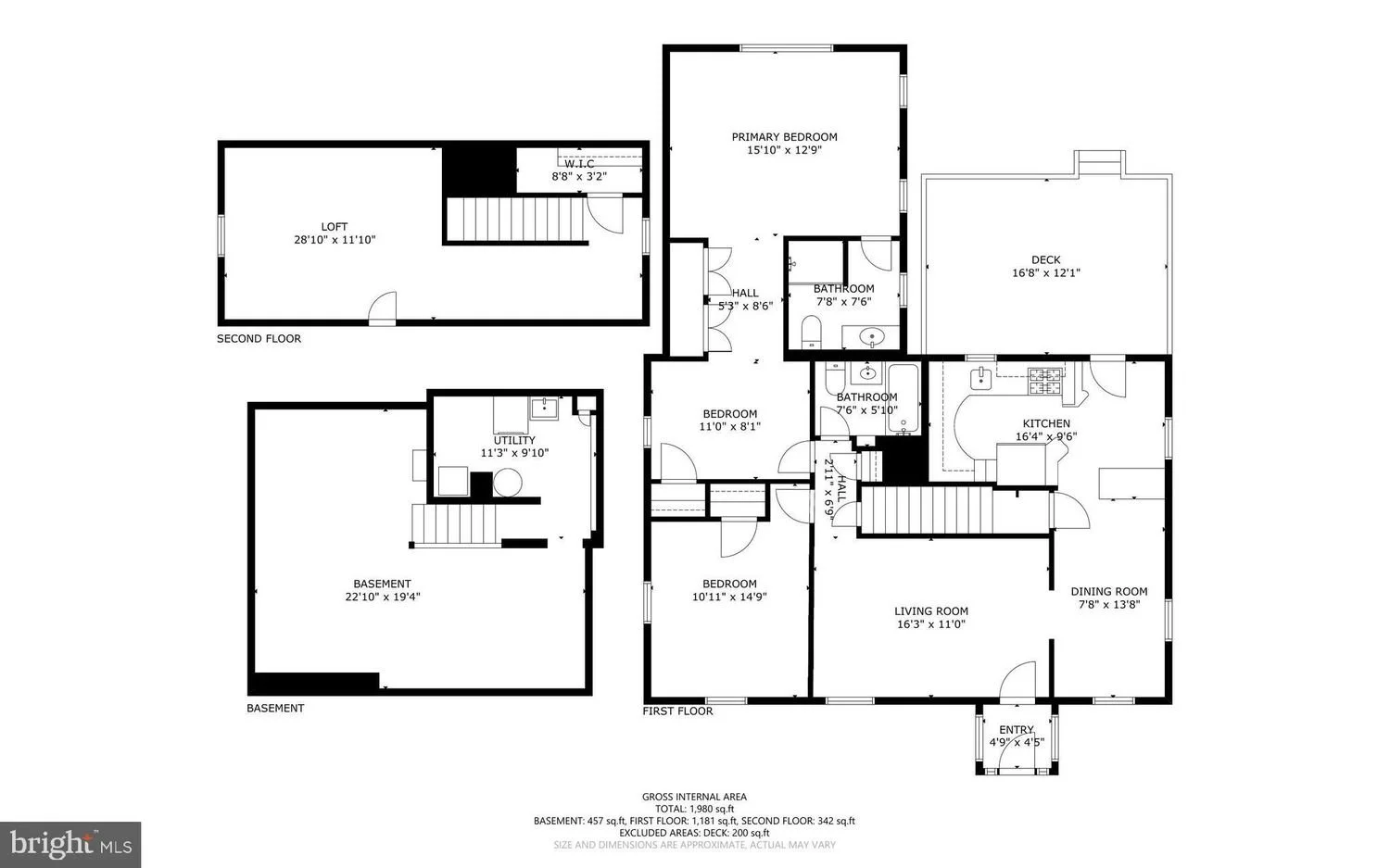 Floor plan of a house showing multiple rooms including bedrooms, bathrooms, kitchen, living room, dining room, utility, basement, loft, and deck, with measurements for each room.