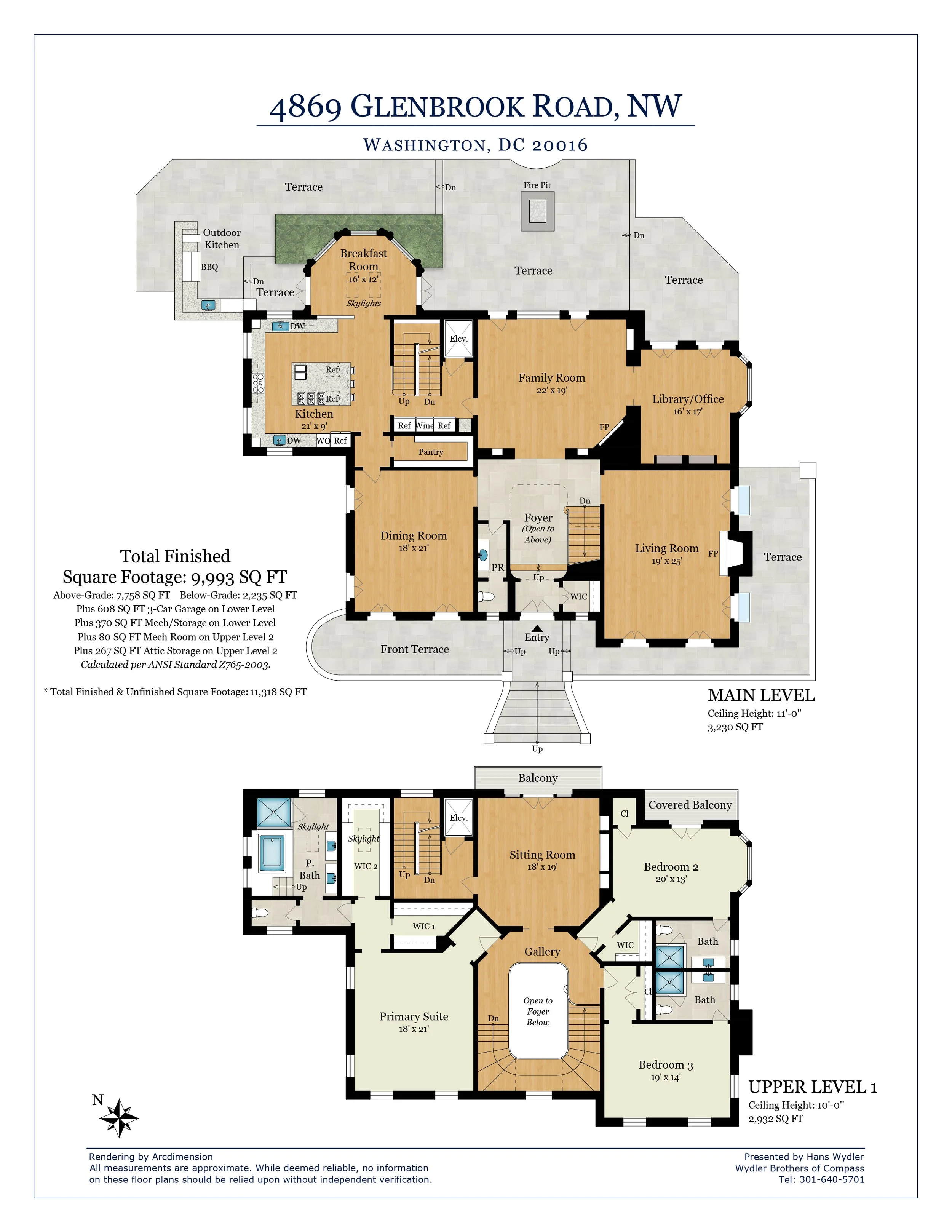 Architectural floor plan of a house with labeled rooms including kitchen, dining room, family room, library/office, sitting room, bedrooms, bathrooms, and various terraces, with the address 4869 Glenbrook Road, NW, Washington, DC 20016.