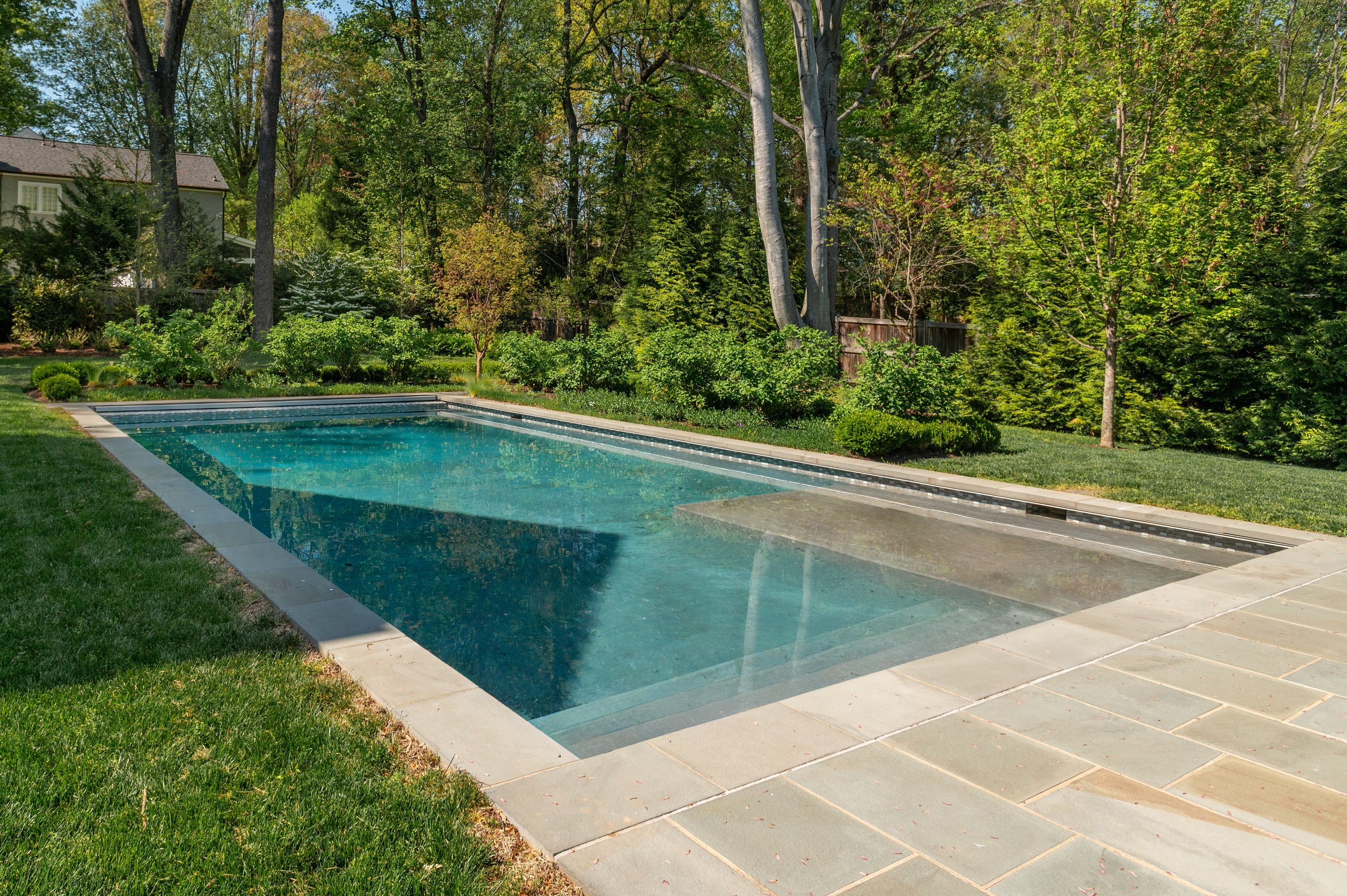 Residential backyard with a swimming pool, surrounded by lush green trees and bushes, with part of a house visible on the left side.