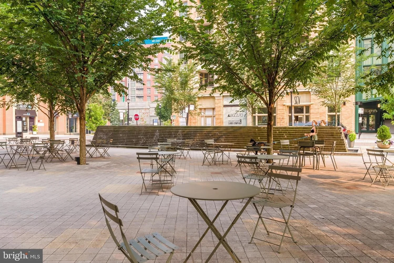Empty outdoor patio with metal tables and chairs shaded by trees, with a woman and a dog sitting near a water fountain in an urban setting.