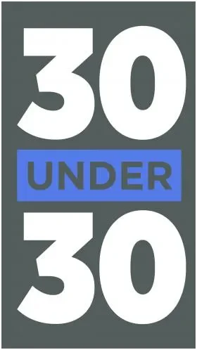 Graphic with the text '30 Under 30' in large white and blue letters on a dark gray background.