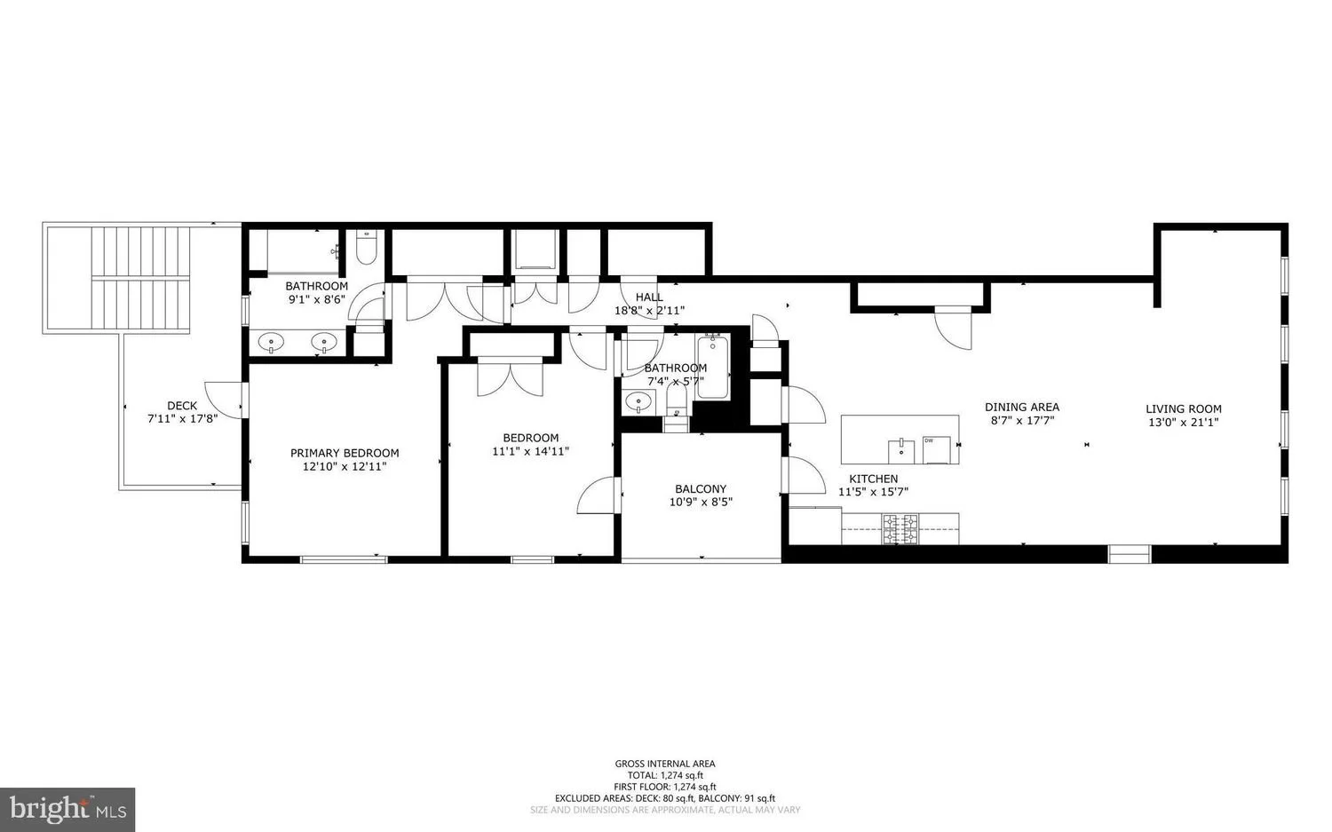 Floor plan of a house with two bedrooms, two bathrooms, a living room, dining area, kitchen, balcony, deck, and hallways.