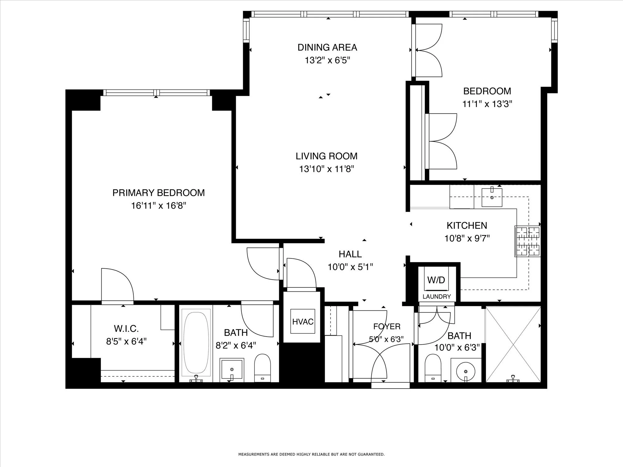 Floor plan layout of a house showing various rooms including primary bedroom, living room, dining area, kitchen, two bathrooms, walk-in closet, laundry area, and hallways, with measurements for each room.