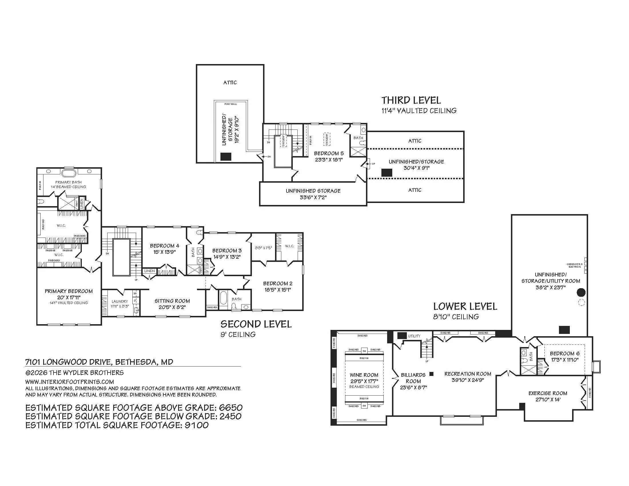 Architectural blueprint of a multi-level house with rooms, storage areas, and measurements, including labels for attic, bedrooms, bathrooms, and other living spaces.