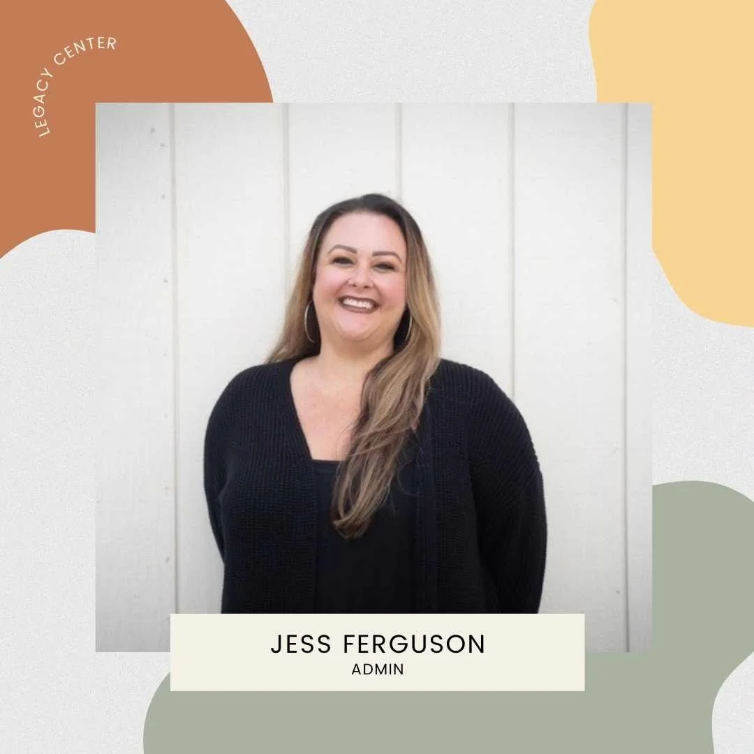 A woman with long blonde hair, wearing a black top and large hoop earrings, smiling in front of a white paneled wall. The image has a modern graphic design with abstract shapes and the text "JESS FERGUSON" and "ADMIN" indicating her name and role.