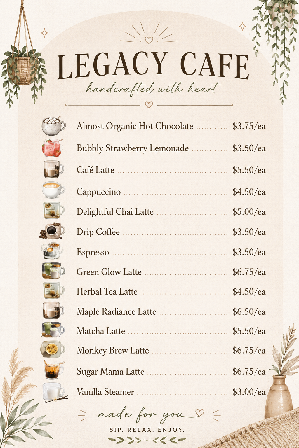 A menu from Legacy Cafe with various coffee and tea drinks listed with prices, decorated with plants and earthy tones.