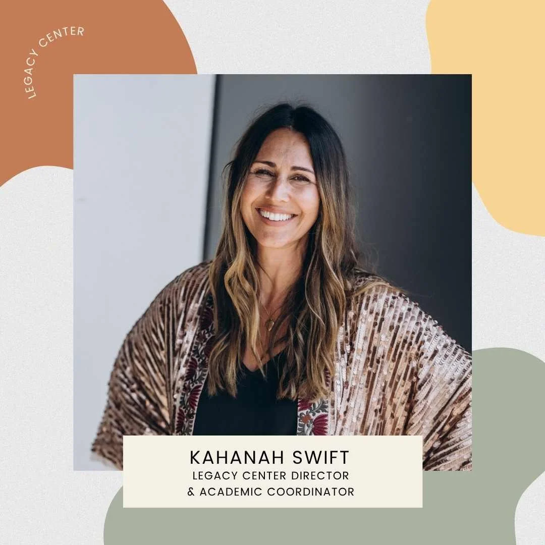 Portrait of Kananah Swift, Legacy Center Director & Academic Coordinator, smiling, with wavy brown hair, wearing a patterned jacket over a black top, in front of a neutral background, with text overlay of her name and title.