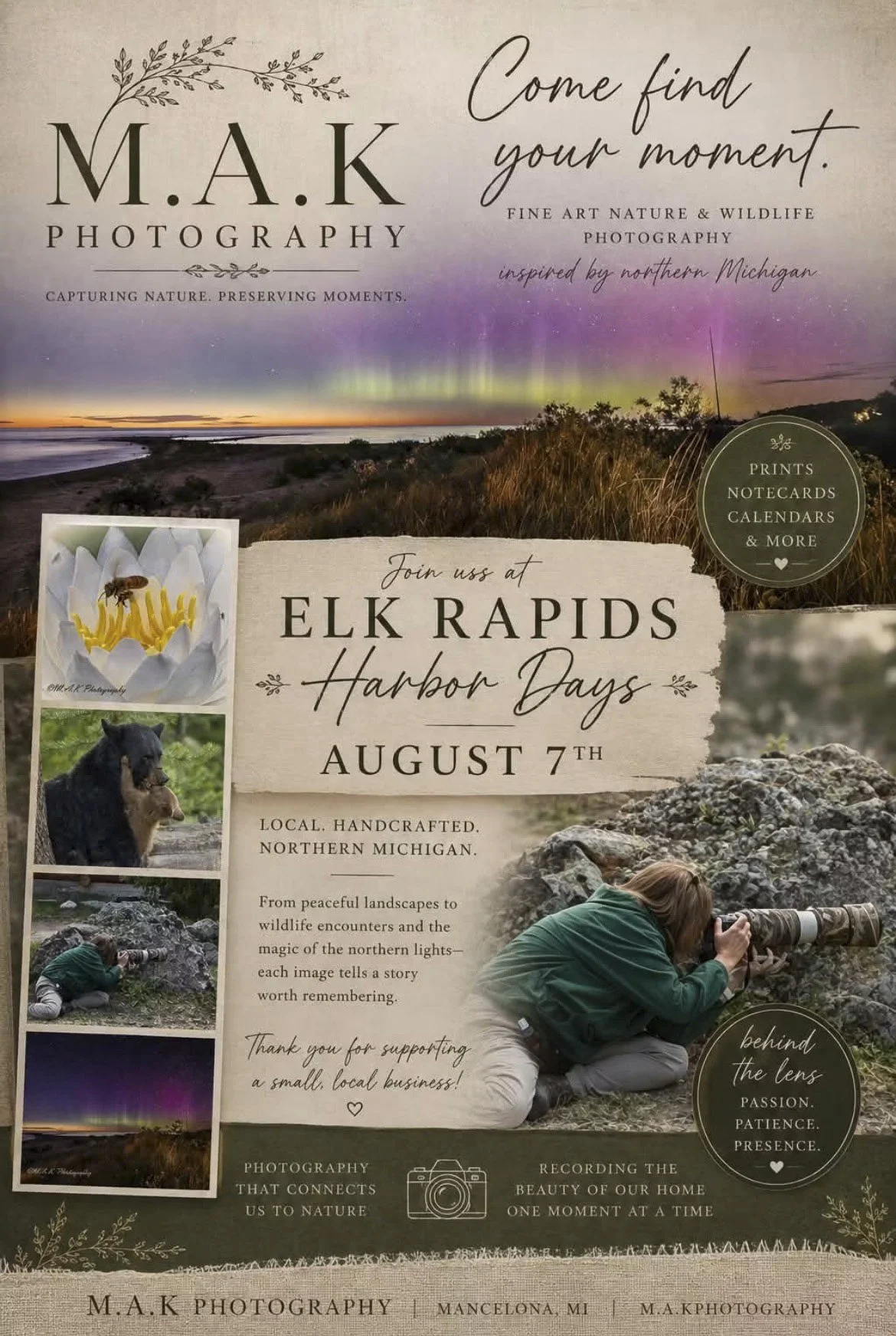 Flyer for M.A.K Photography's Elk Rapids Harbor Days event on August 7th, featuring landscape and wildlife photography from Northern Michigan, with images of nature scenes and a photographer taking pictures.