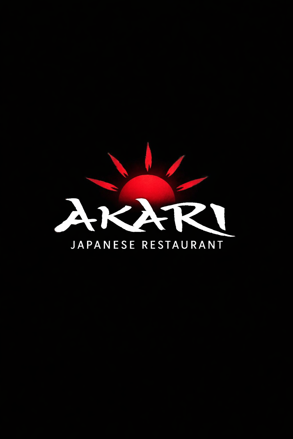 Logo for Akari Japanese Restaurant with a red sun and stylized red rays on a black background.