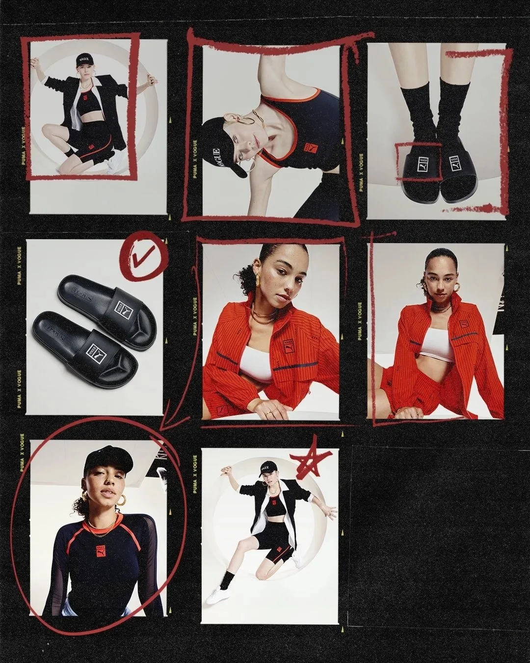 Collage of athletic and casual fashion photos featuring young women, Puma shoes, and sporty outfits with red and black accents. Red markings and check marks highlight selected items.