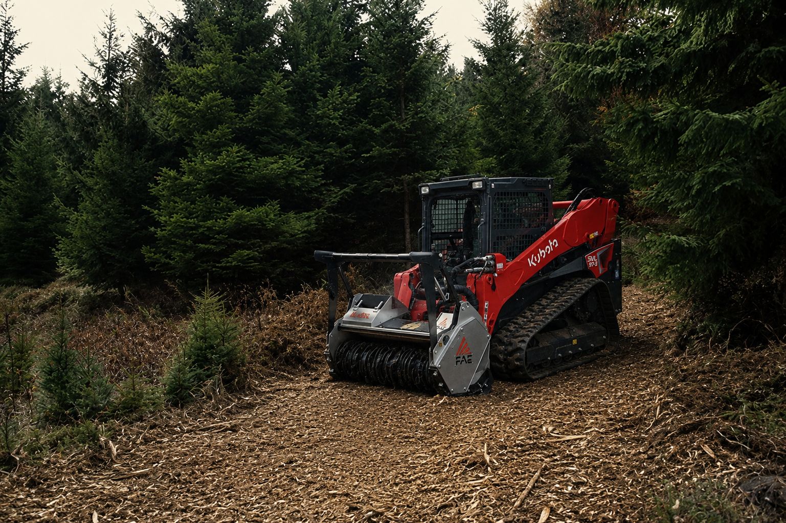 Southwest Vegetations compact track loader with FAE's mulcher attachment working on a forest trail surrounded by trees.