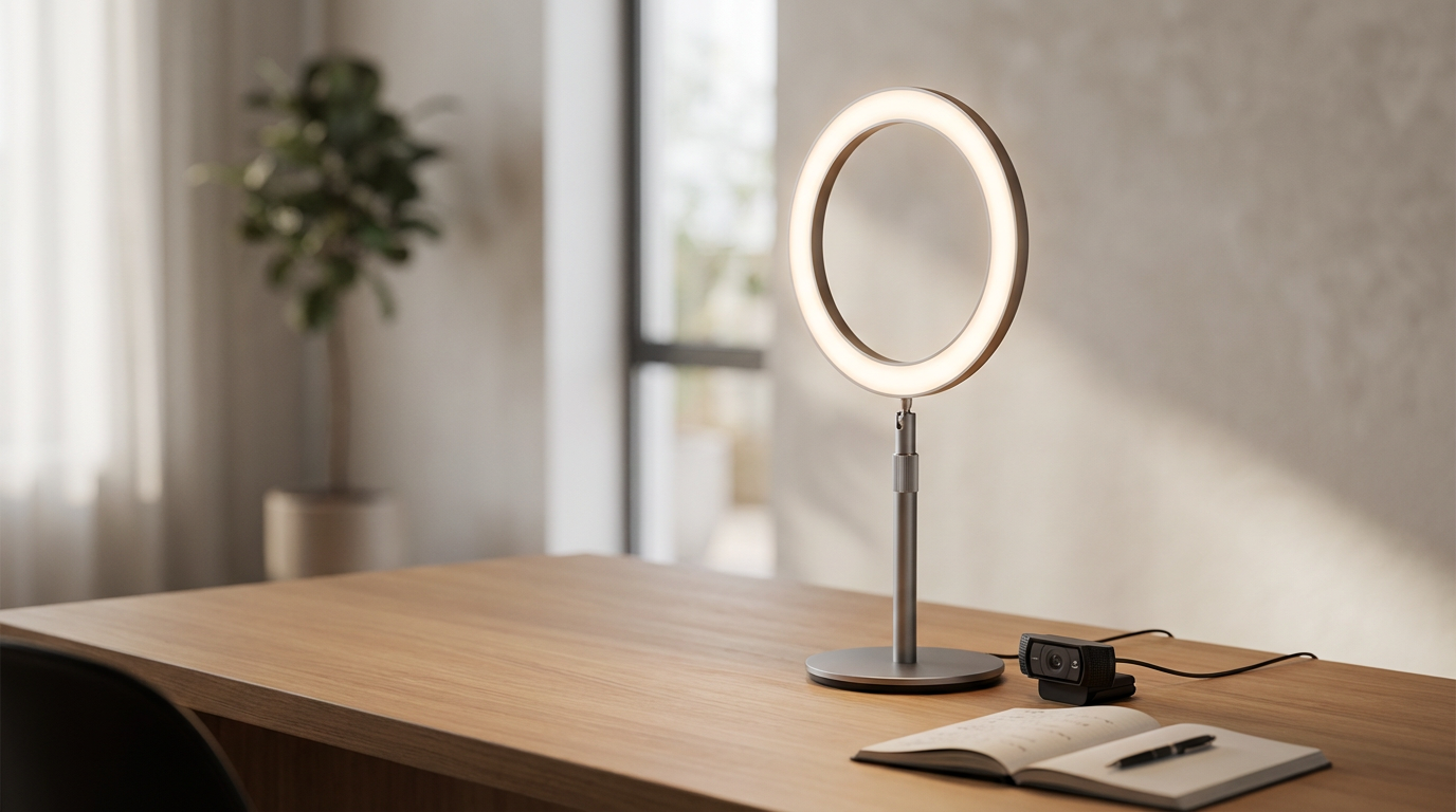 A modern tabletop mirror with built-in light, a webcam, an open notebook, and a pen, on a wooden desk with a background of a plant and window.