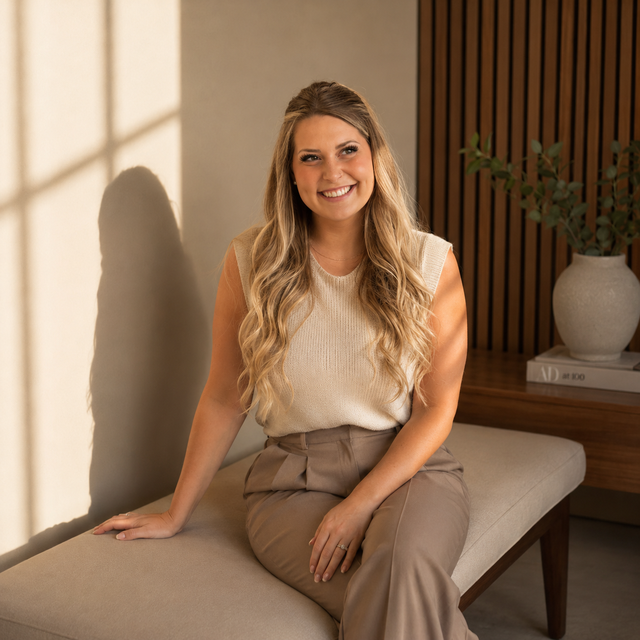 A woman with long wavy blonde hair smiling and sitting on a beige bench in a warmly lit room with a shadow on the wall, a potted plant, and a wooden slat wall in the background.
