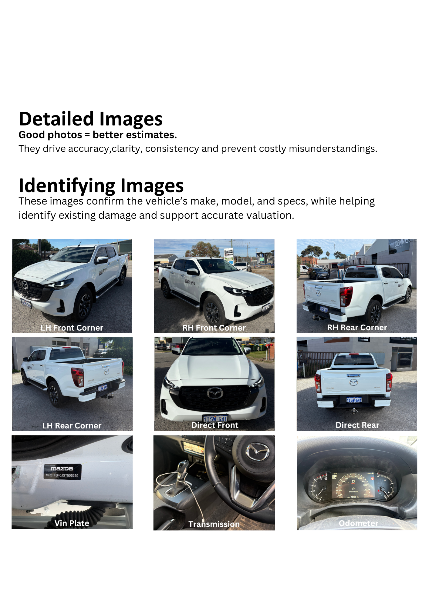 Guide showing different views of a white Mazda pickup truck, including front, rear, and side angles, with close-ups of the VIN plate, transmission, and odometer.