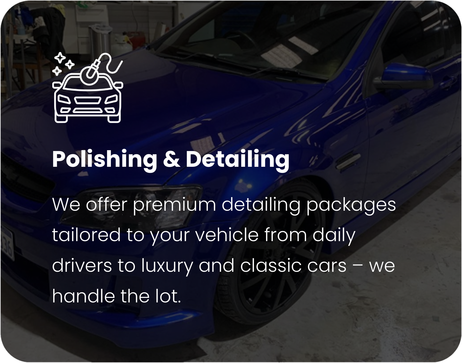 A blue luxury car in a garage with a polishing and detailing service promotion overlayed. The garage has cluttered shelves and indoor lighting reflections on the car's surface.