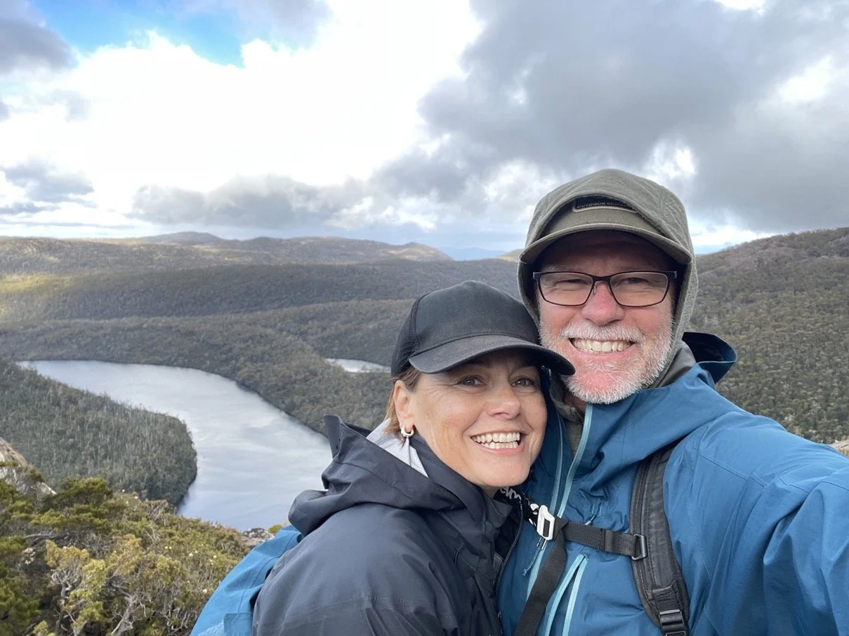 Cabin honeyeater hosts Rebecca and Paul taking a selfie whilst hiking in tasmania