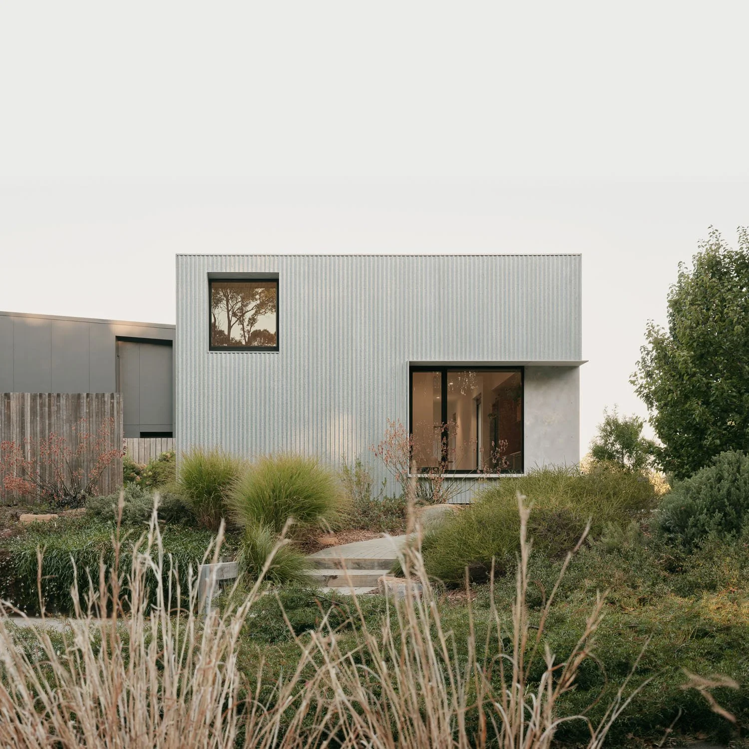 Modern house with galvanised metal cladding and large windows, surrounded by landscaped garden with grasses and shrubs.
