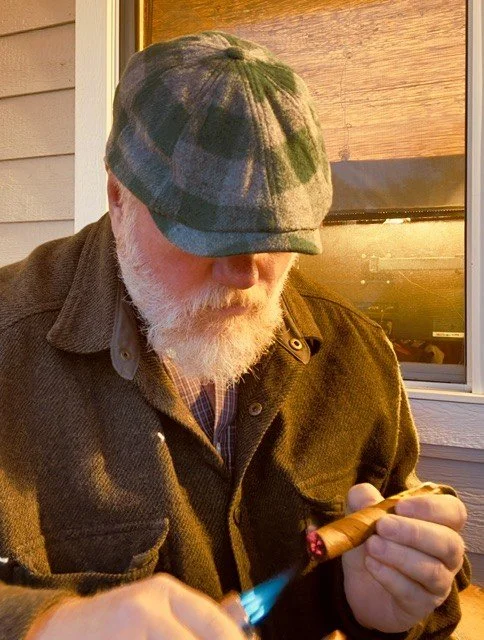 Lighting a Baccarat Barber Pole cigar on a crisp autumn morning at Shale House.