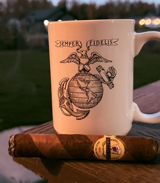 Baccarat Barber Pole cigar paired with morning coffee on the Shale House porch.