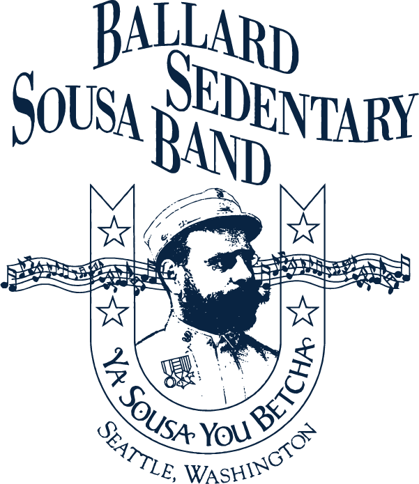 Logo for Ballard Sedentary Sousa Band in Seattle, Washington, with a bearded man in a military uniform, stars, musical staff, and the phrase "Y'ALL SING YOU BETCHA".