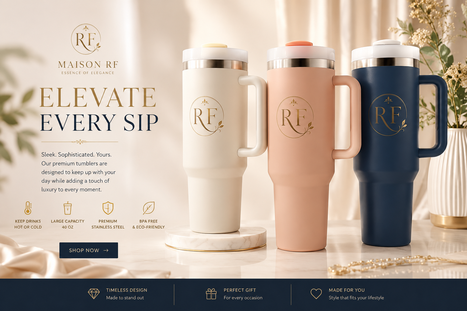 Three colorful insulated tumblers with handles displayed on a table, with a background and text promoting their elegance and eco-friendliness.