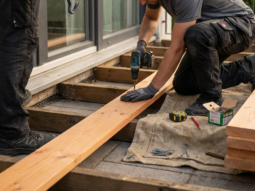 A person working on a woodworking project outdoors, using a drill on a long wooden plank, with tools and materials scattered around.