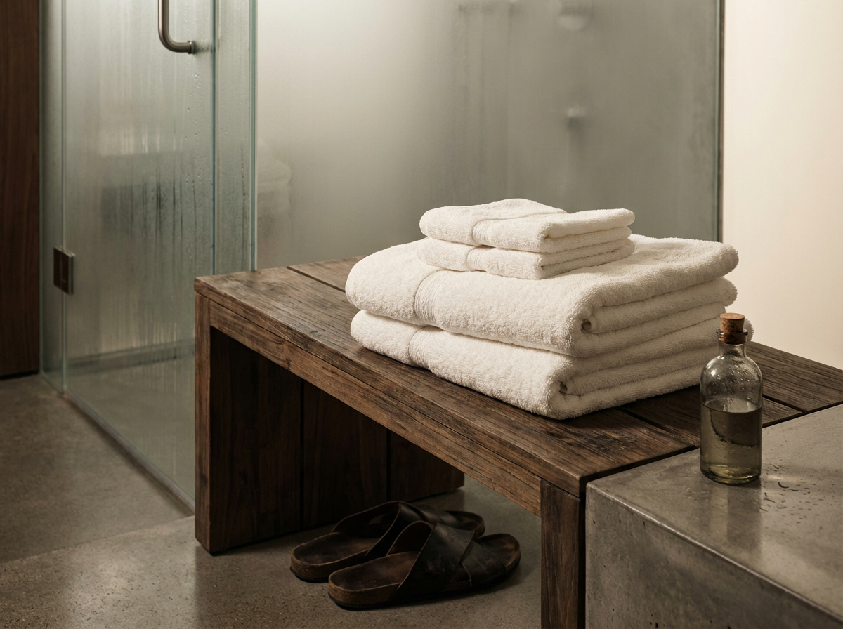 Folded white towels stacked on a wooden bench in a bathroom, with a glass bottle and a pair of black slippers underneath.