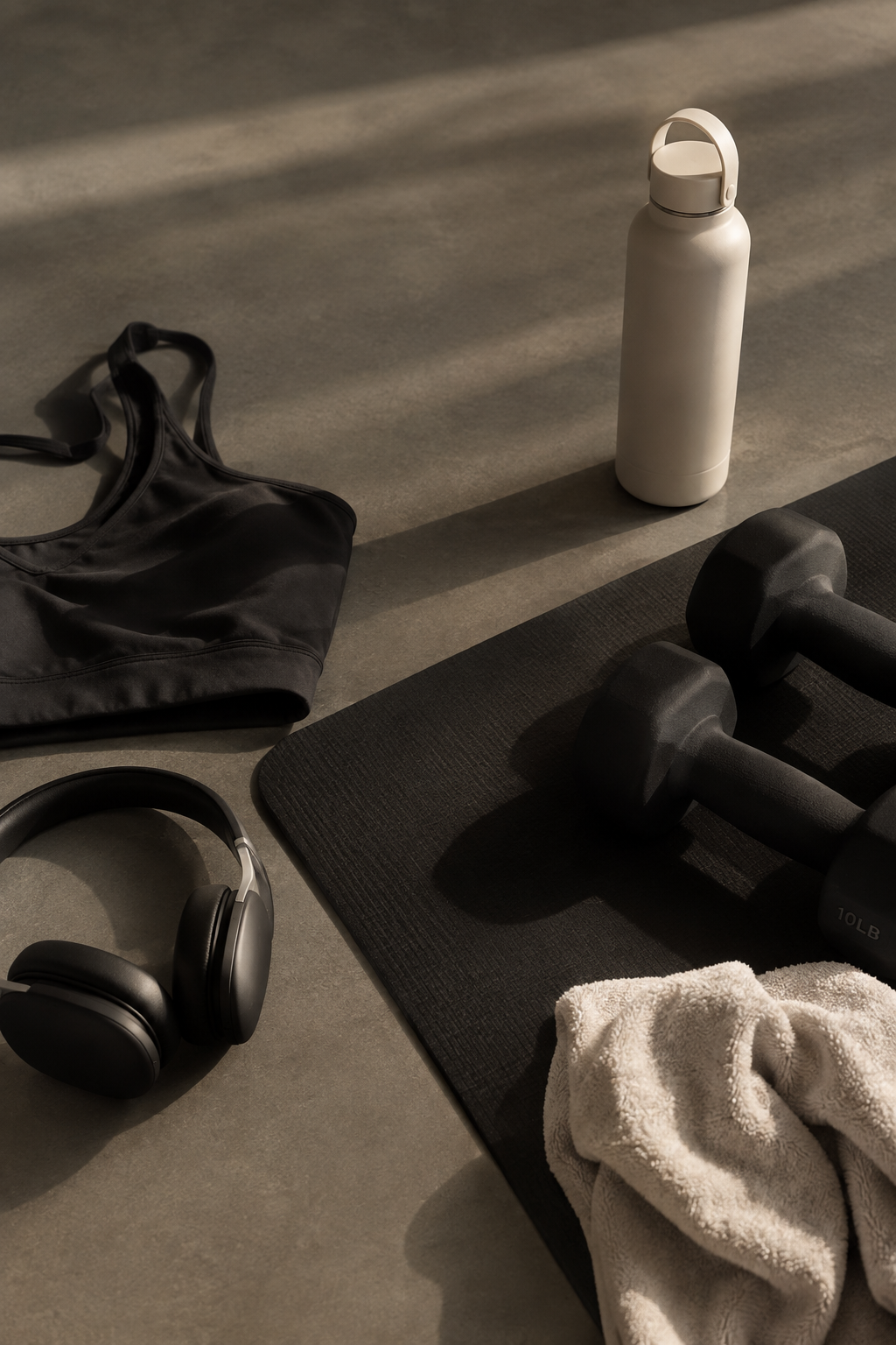 A flat lay of gym equipment including a black sports bra, white water bottle, black dumbbells, black headphones, black workout mat, a white towel, and black gym gloves on a concrete floor.