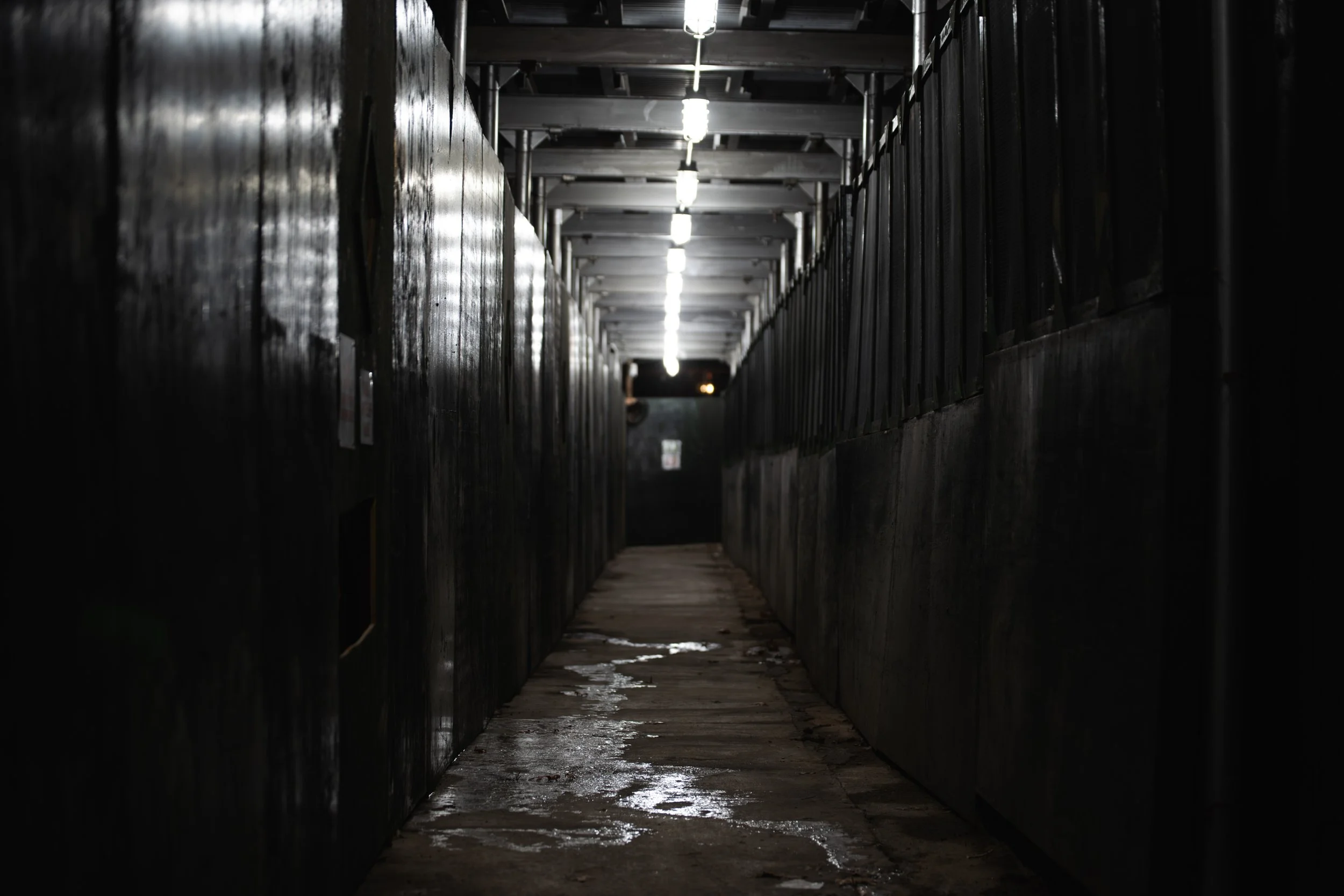 Dark alleyway with metal walls, illuminated by a row of bright overhead lights, wet floor, and a distant faint light at the end of the alley.