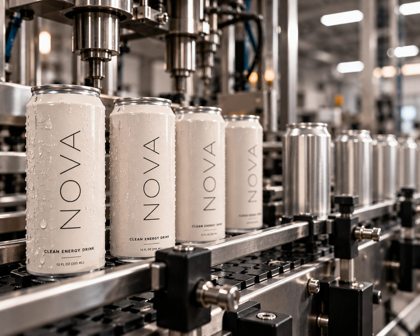 Cans of NOOVA clean energy drink moving along a production line in a factory.