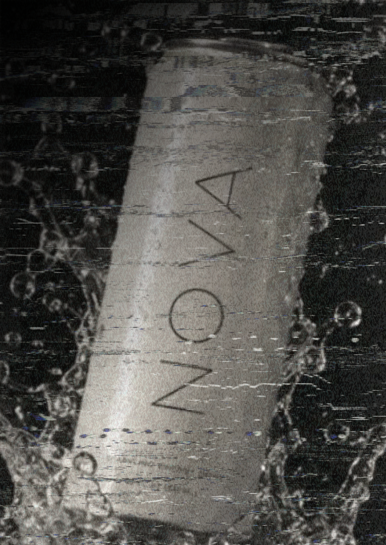 A close-up of a NOVA clean, sparkling energy drink, Featured in our Everyday Series.