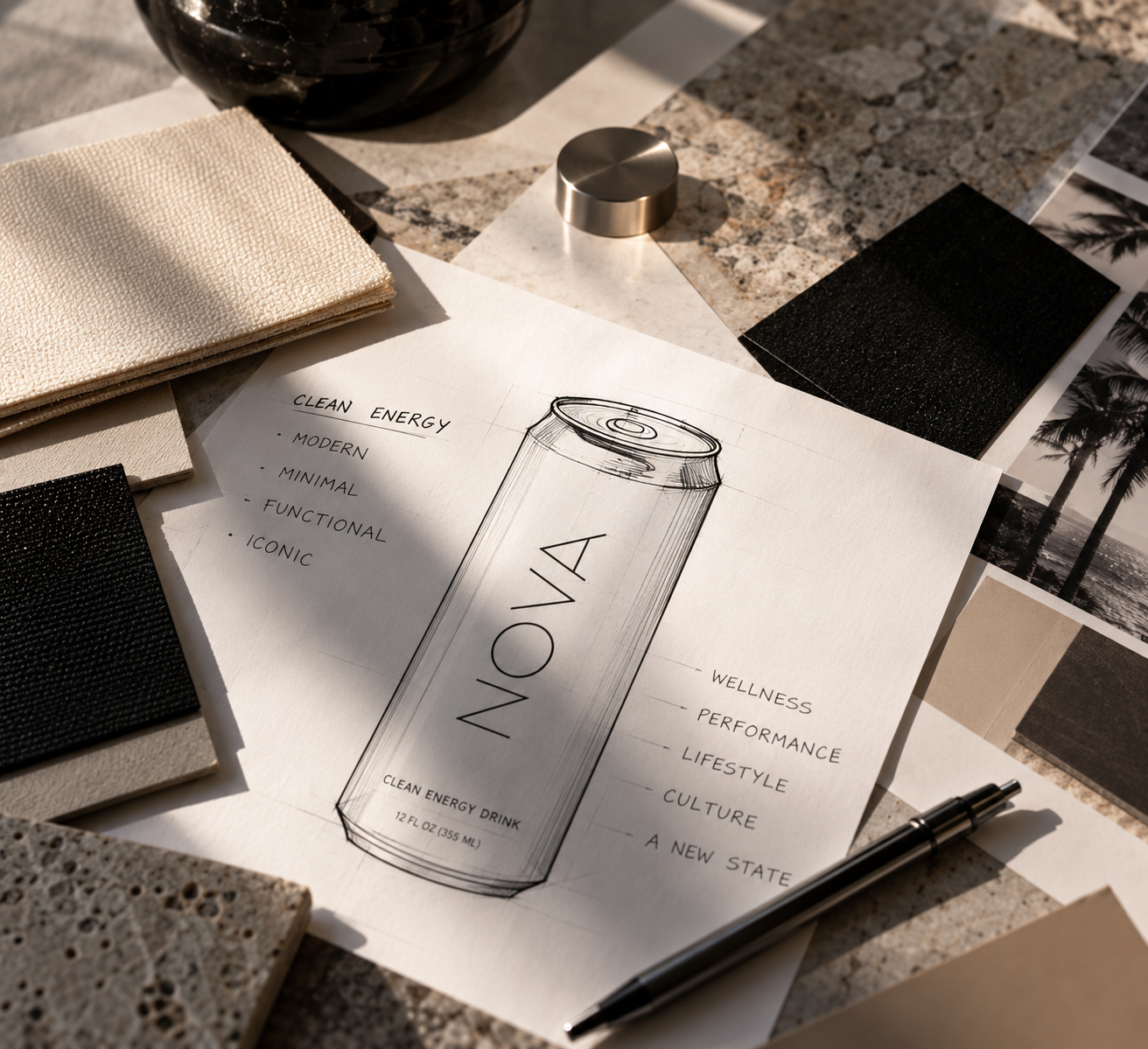 Design sketches and material samples for a canned beverage, labeled 'NOVA,' with keywords such as 'clean energy,' 'wellness,' and 'performance,' surrounded by fabric swatches, photos, and a pen.