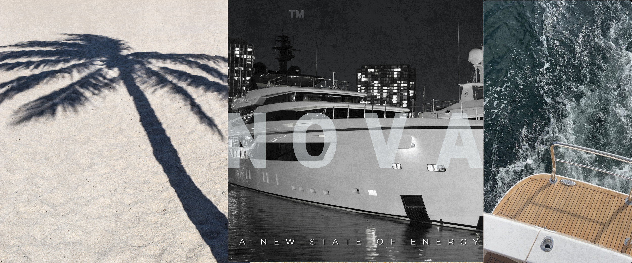 Collage of three images: a shadow of a palm tree on sandy beach, a yacht at dock with city buildings in background, and the wake of a boat in water with a wooden deck in foreground.