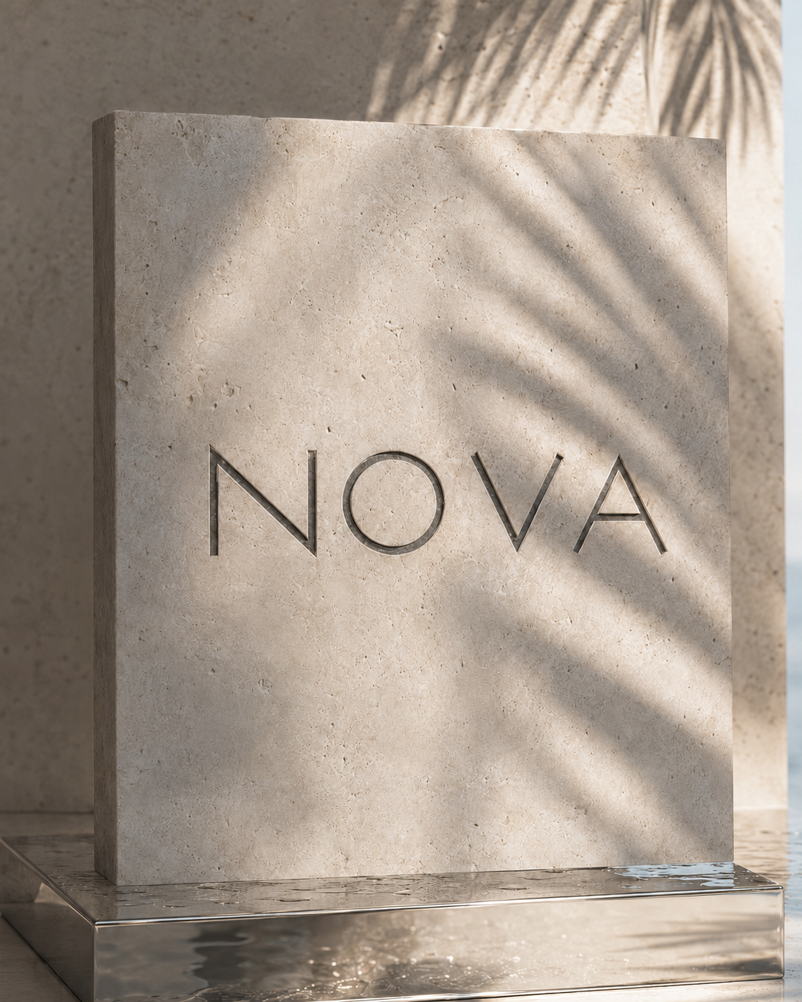 A beige stone sign with the word "NOVA" engraved, surrounded by shadows and placed on a reflective metal surface with water.
