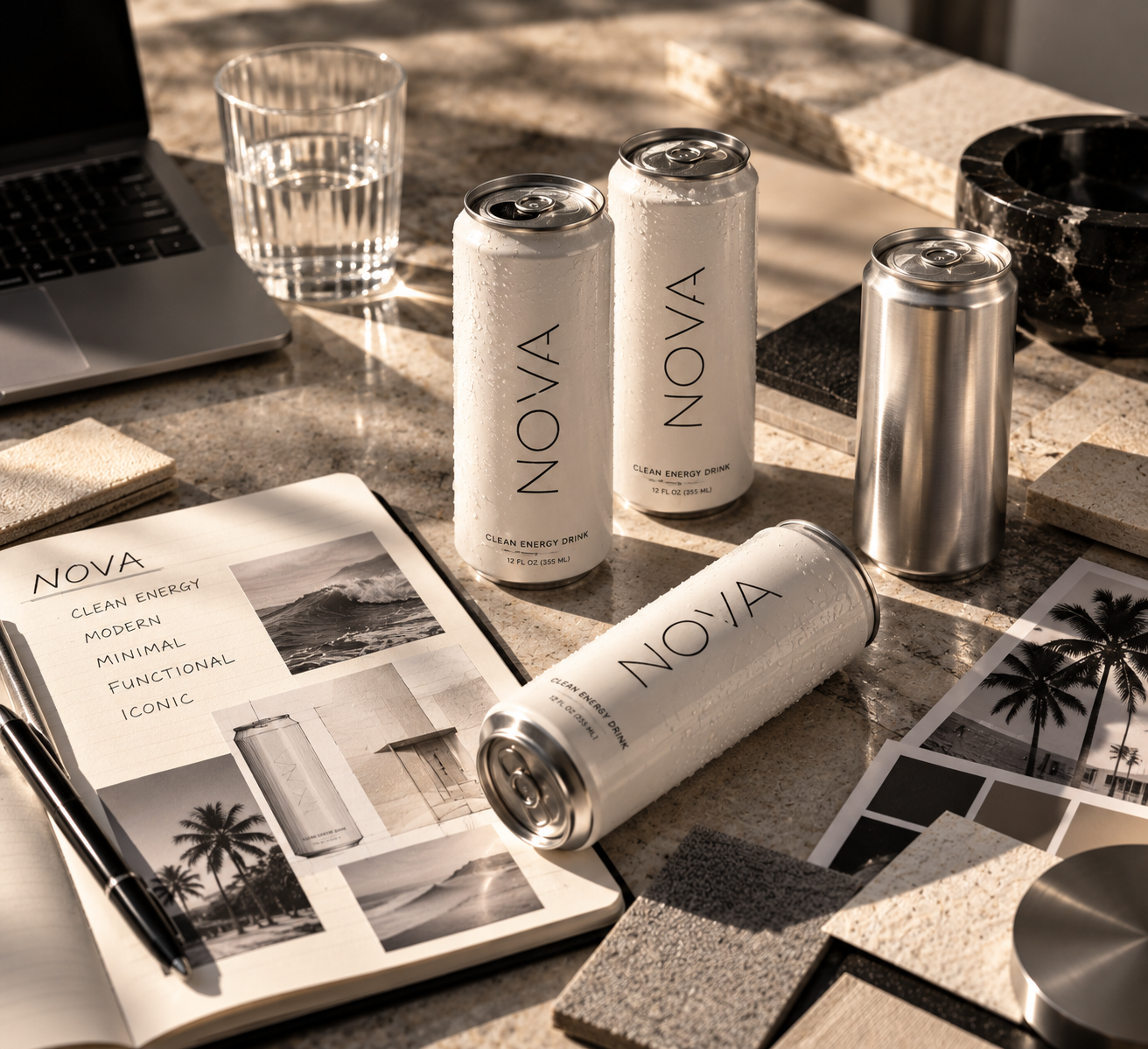Several cans of NOVA energy drink with condensation on a granite desk, alongside a glass of water, a black pen, a notebook with black and white photos and words about NOVA, a laptop, a black and white photo of palm trees, and various textured samples.