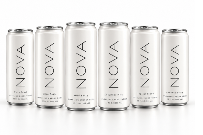 Six cans of NOVA sparkling energy drinks in different flavors, including White Peach, Crisp Apple, Wild Berry, Cucumber Mint, Tropical Blend, and Coconut Berry.