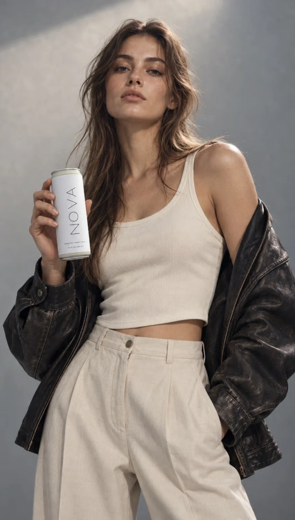 A woman with long, wavy brown hair holding a white 'NOVA' can She is wearing a cream-colored crop top, beige high-waisted pants, and a black leather jacket draped over her shoulders. She has a confident expression and poses against a gray background.