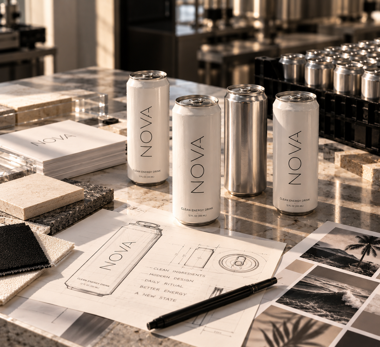 A table displaying several cans of NOVA energy drink, some sketches and plans for a can design, sample materials, and printed photographs of tropical scenery.