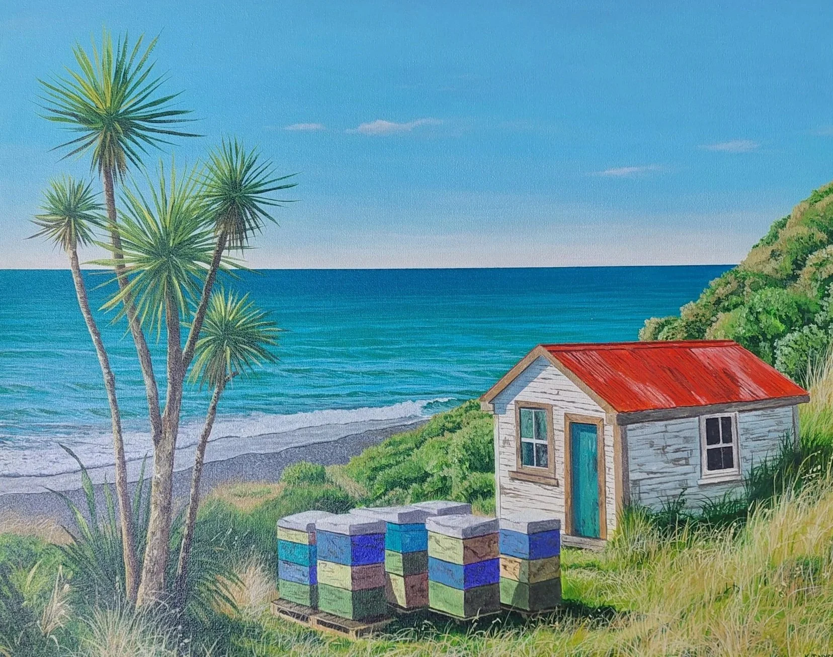 Hawkes Bay Hideaway - acrylic on canvas HxW 61x76cm : $2,800 (on display at Hygge Cafe in Clifton, Hawkes Bay)