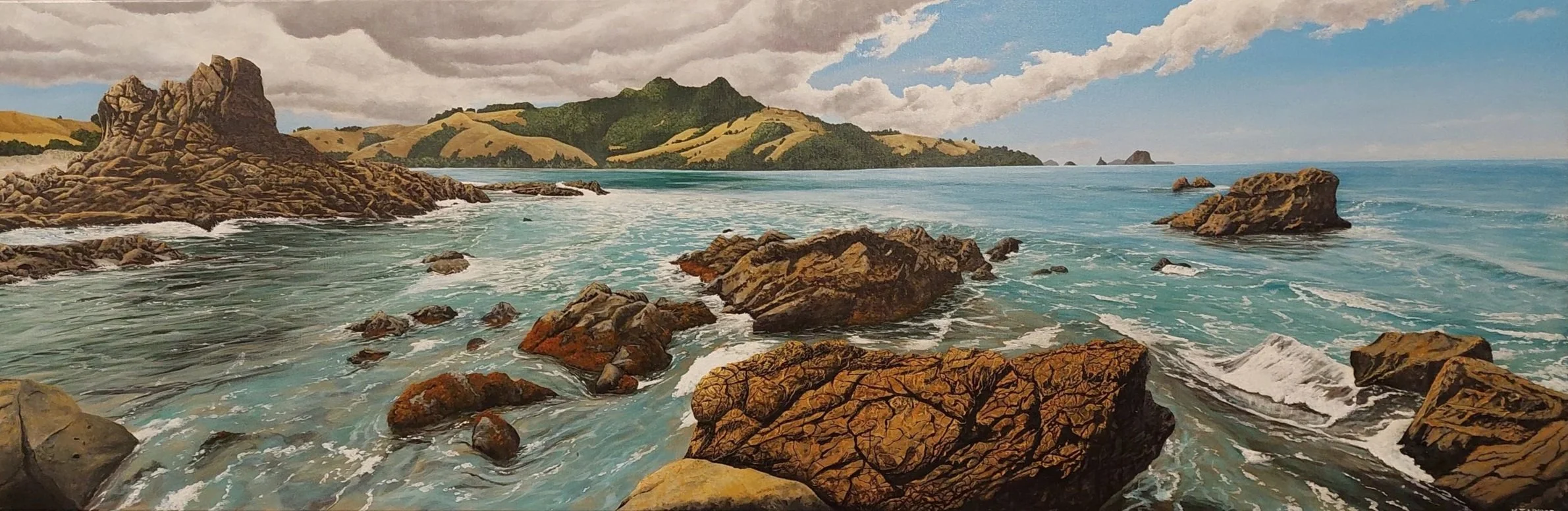 Wharekaho' - Simpsons Beach, Whitianga - acrylic on canvas HxW 55x157cm (on display at Quay Gallery - Whitford-Auckland)
