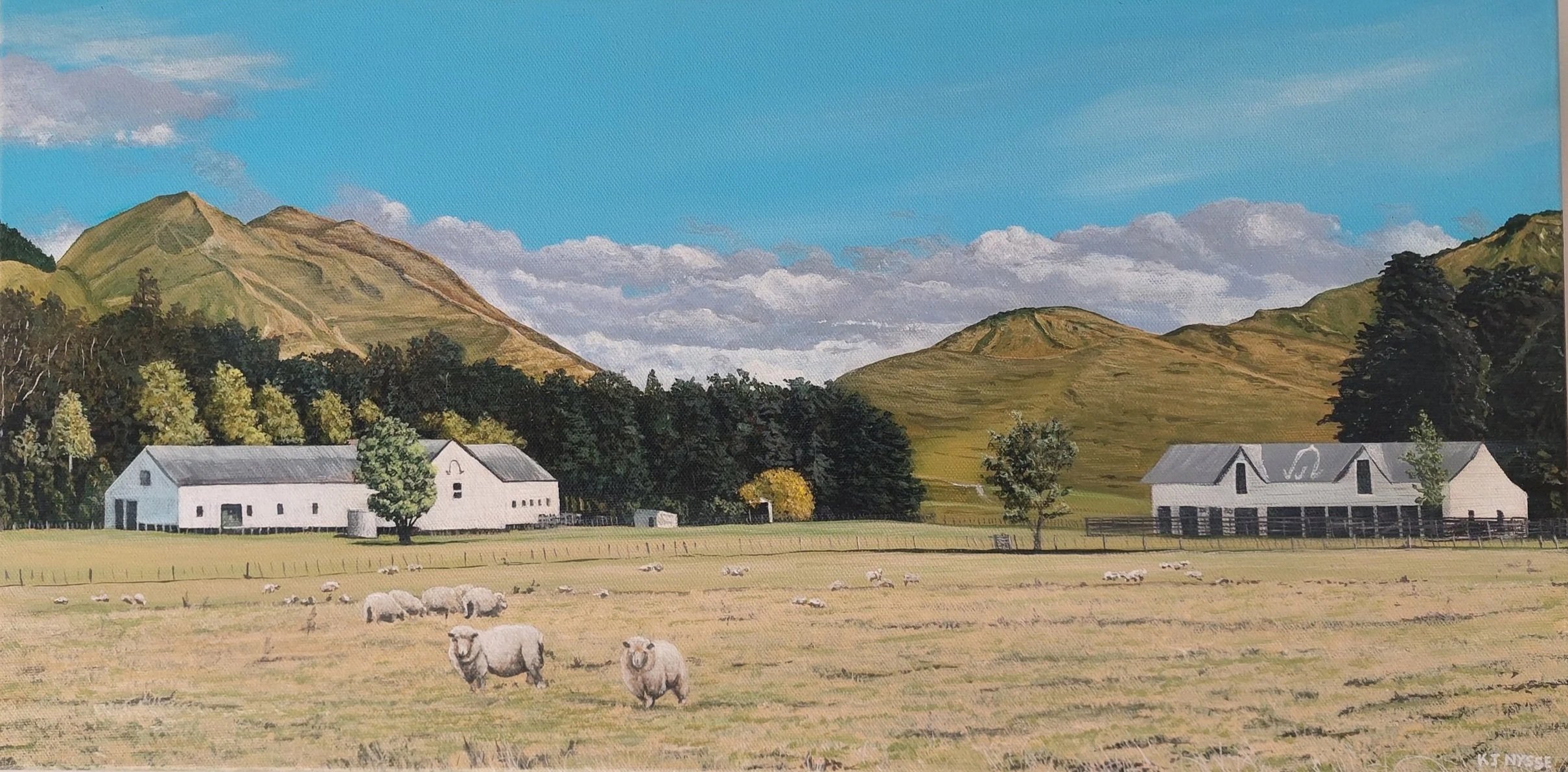 Painting of a rural farm landscape with green mountains, barn buildings, sheep in a fenced field, and a blue sky with clouds, by Hawkes Bay Artist Ken Nysse