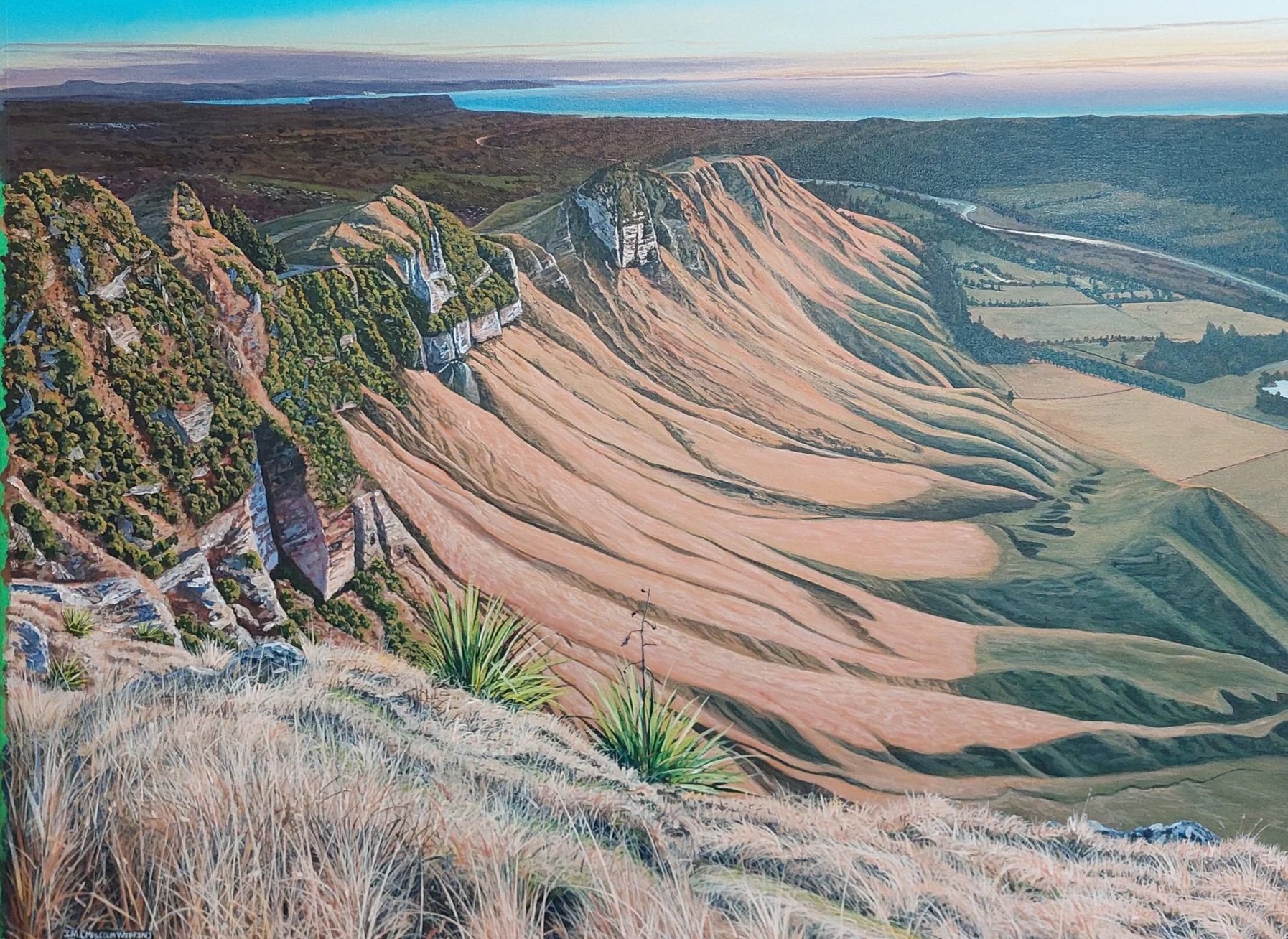 A painting of a scenic landscape featuring steep, rolling hills with green vegetation, white waterfalls cascading down cliffs, and open fields with patches of grass and small bushes in the foreground, under a partly cloudy sky, by Hawkes Bay Artist K