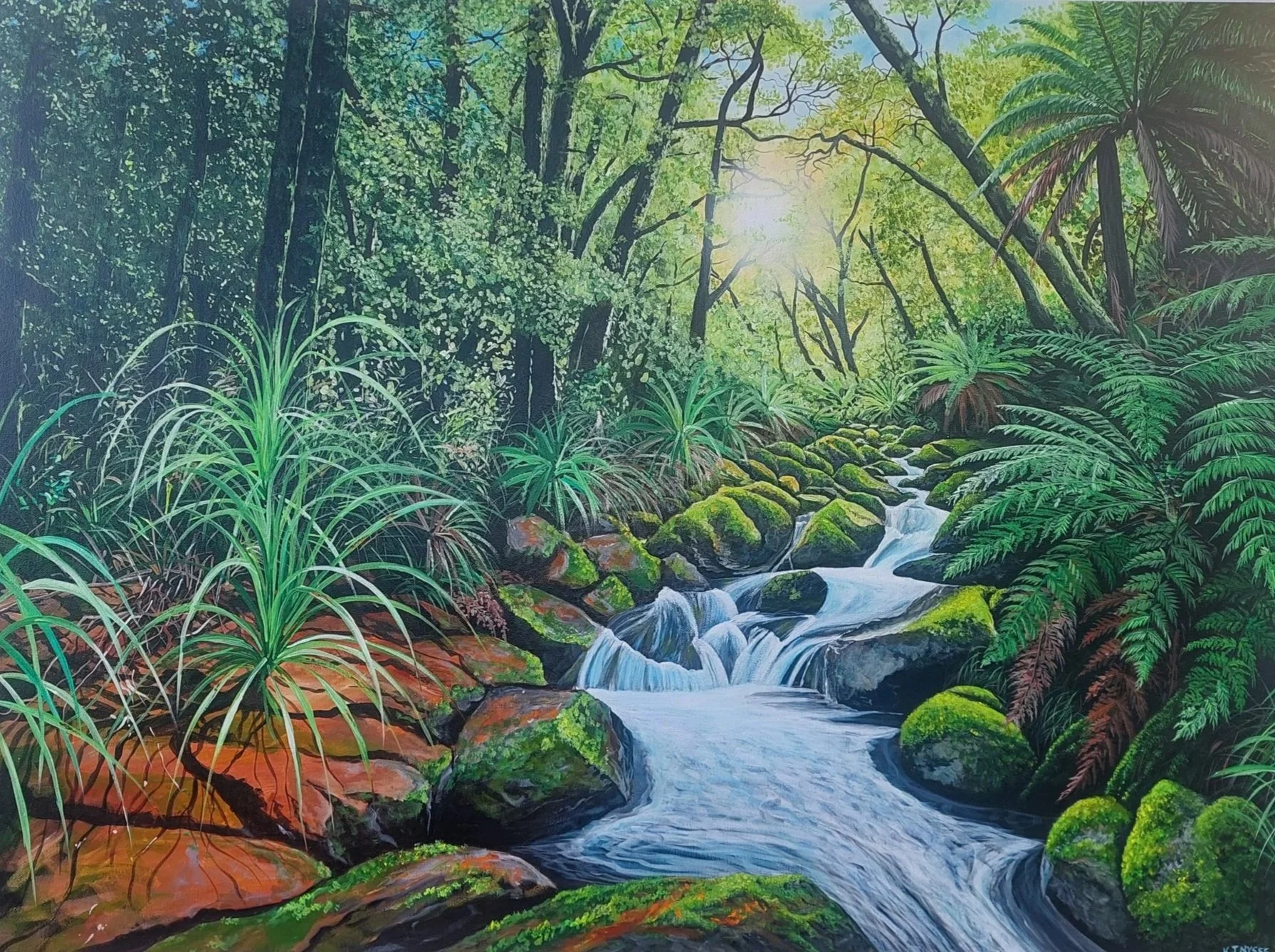 A vibrant painting of a lush green forest scene with a flowing stream, moss-covered rocks, tall trees with green foliage, and ferns, illuminated by sunlight, by Hawkes Bay Artist Ken Nysse