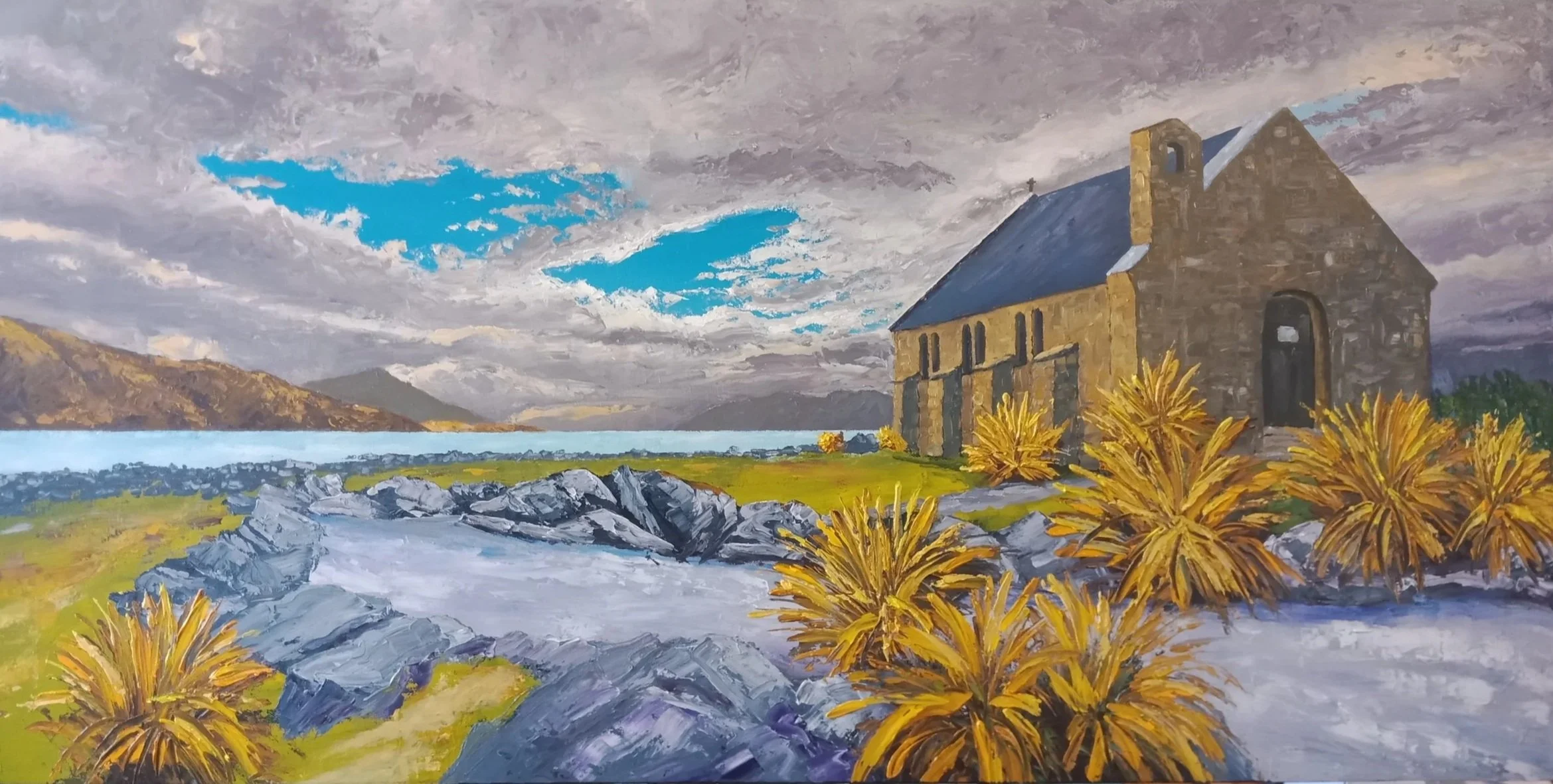 Church of the Good Shepherd (Lake Tekepo), by Hawkes Bay Artist Ken Nysse - pallet knife in oil HxW 61x122cm : $1,390 (on display at Hygge Cafe - Clifton-Hawkes Bay)